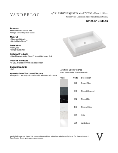 25" S1C Countertop Specifications