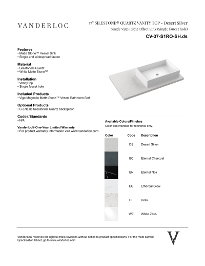 37" S1RO Countertop Specifications