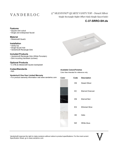 37" SRRO Countertop Specifications