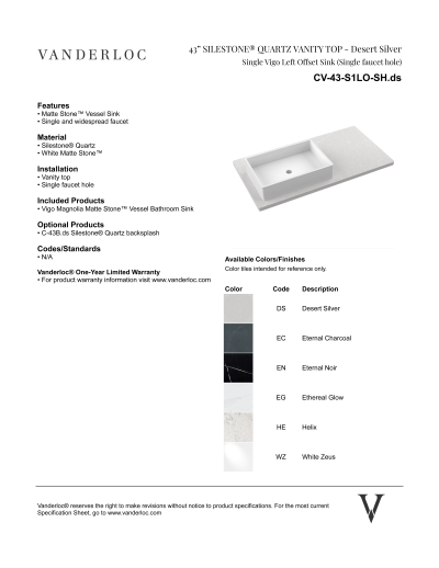 43" S1LO Countertop Specifications