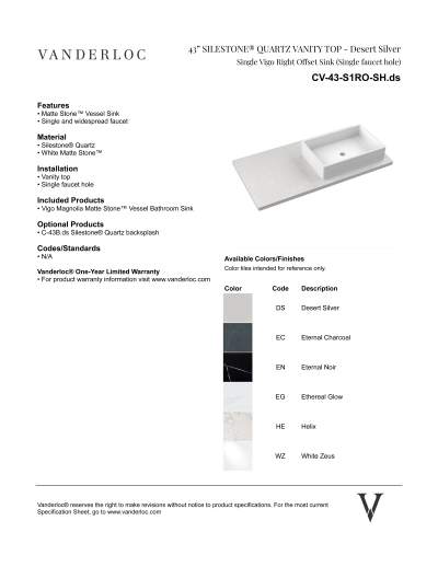 43" S1RO Countertop Specifications