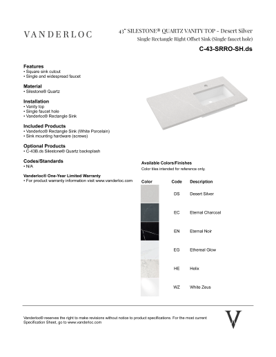 43" SRRO Countertop Specifications