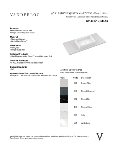 49" S1C Countertop Specifications