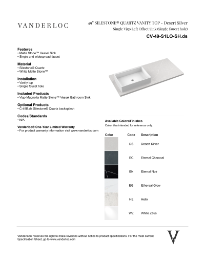 49" S1LO Countertop Specifications