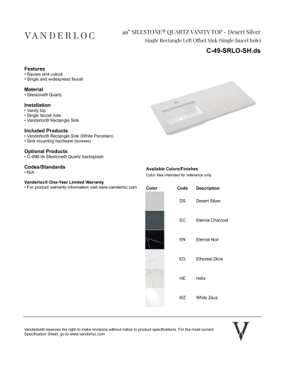 49" SRLO Countertop Specifications