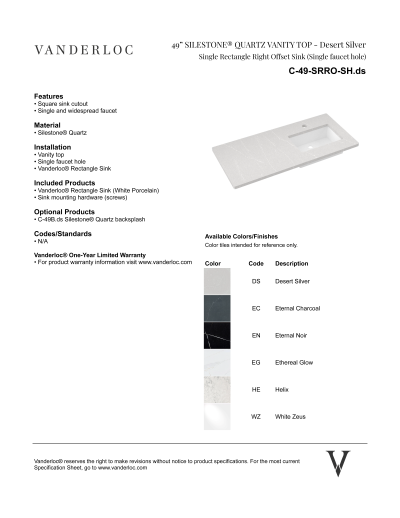 49" SRRO Countertop Specifications