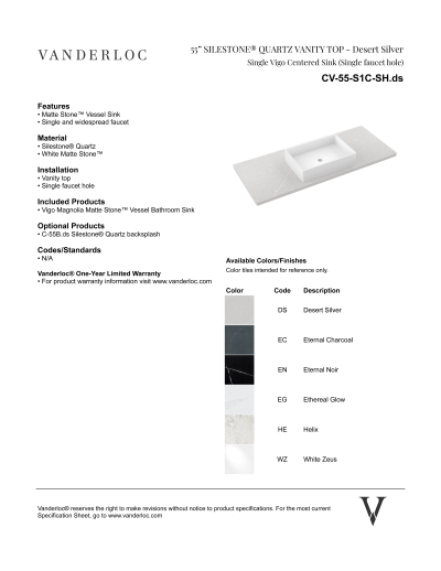 55" S1C Countertop Specifications