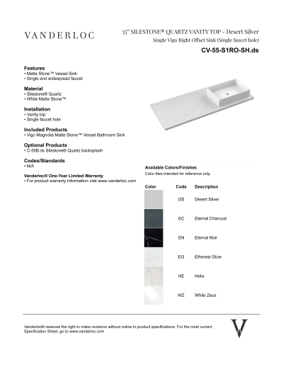 55" S1RO Countertop Specifications