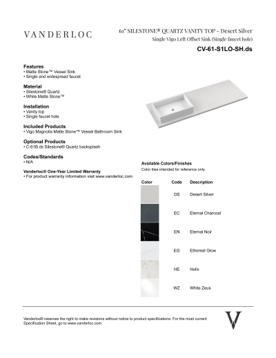 61" S1LO Countertop Specifications