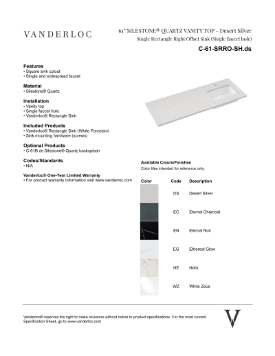 61" SRRO Countertop Specifications