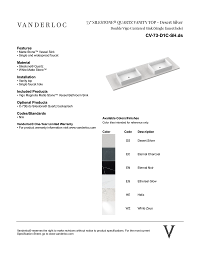 73" D1C Countertop Specifications