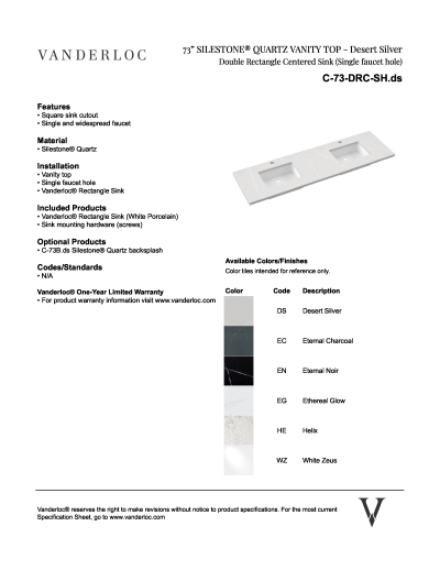 73" DRC Countertop Specifications